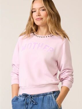 MOTHER Light Pink Crewneck Sweatshirt with Bronze Stud Trim